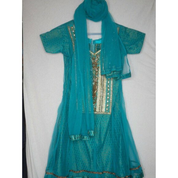 Dharam Karam Dresses & Skirts - Gorgeous Beaded Teal Gold w Scarf Dress India
